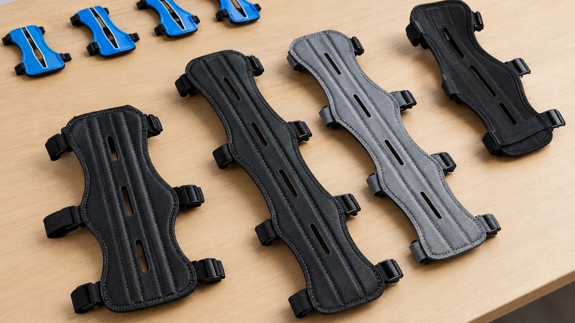 Several distinct arm guard models laid out on a table, long black and grey plates and small blue shells