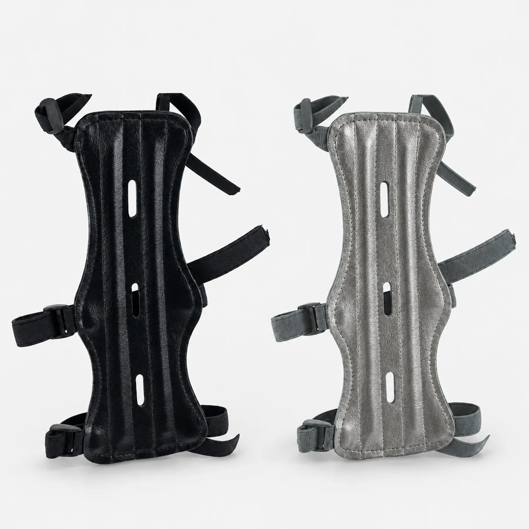 The black arm guard and a silver grey variant photographed side by side as two separate products
