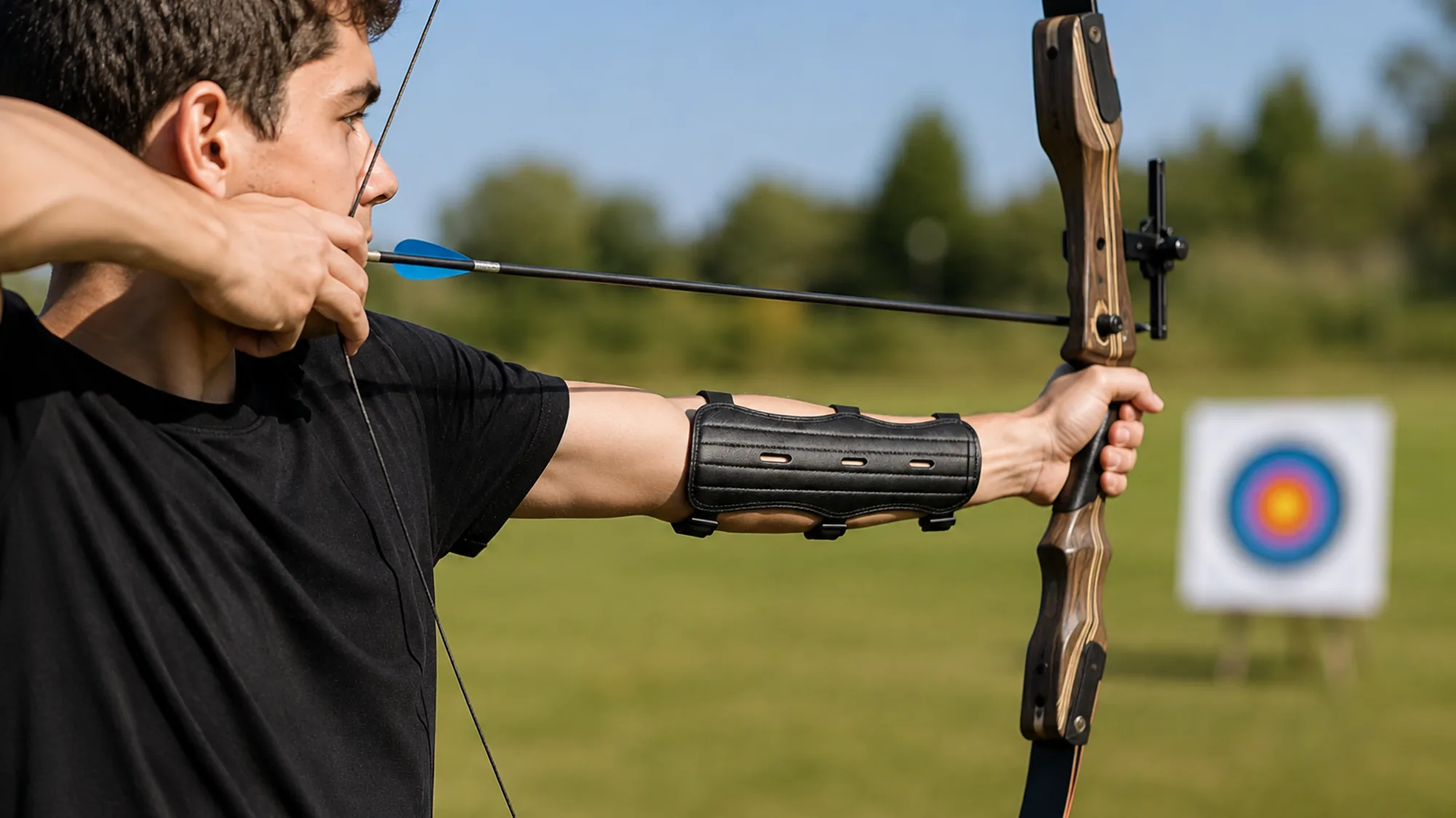 Three-quarter view of a right-handed archer at full draw, arm guard clearly on the inner left forearm