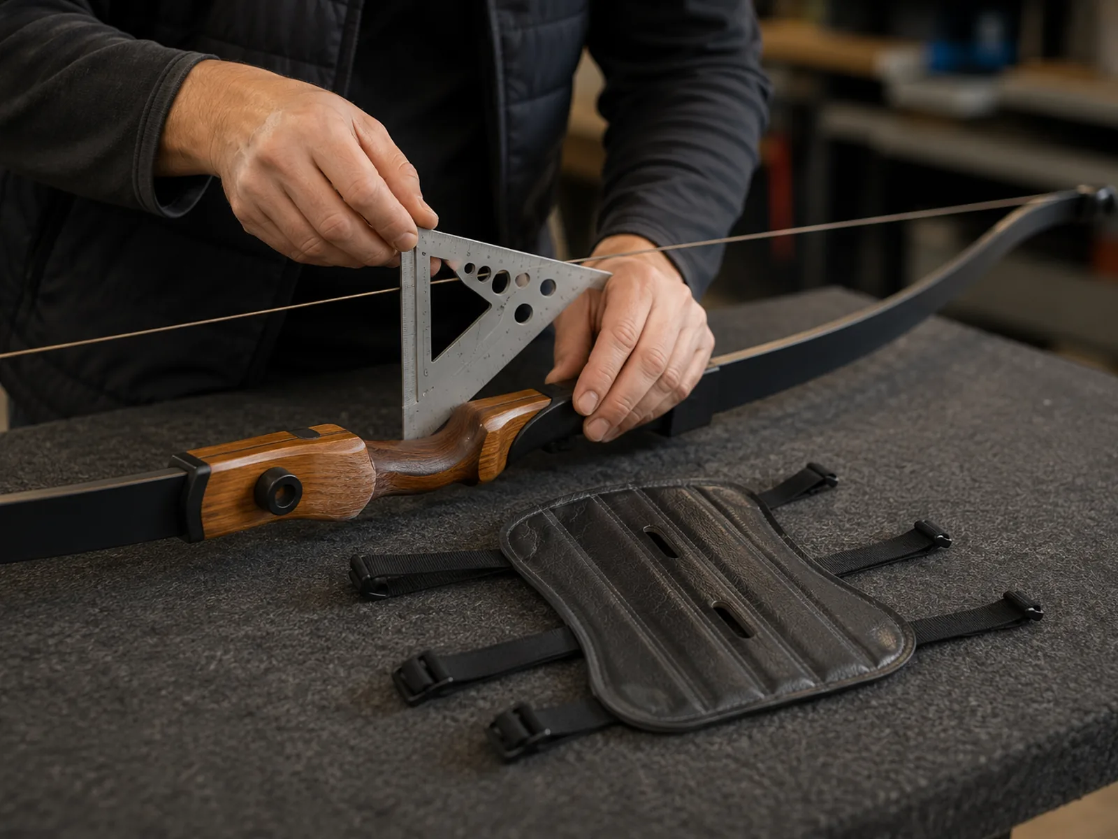 Archer measuring brace height with a bow square on a recurve at rest, the arm guard lying open beside it