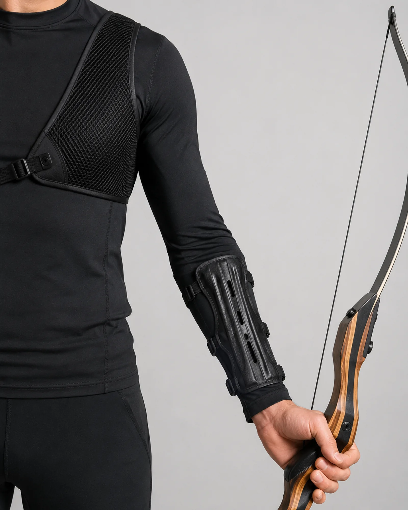 Shoulder to wrist view showing the chest guard flat against the chest and the arm guard on the inner forearm as two separate pieces