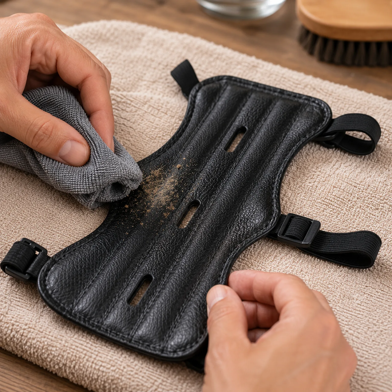 Hand wiping dried dirt off the face of the arm guard with a damp microfibre cloth on a beige towel