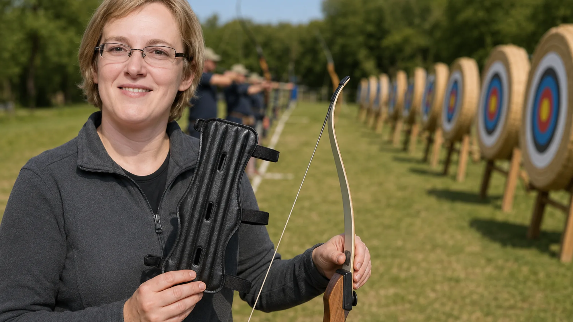 Corinne Vasek holding the arm guard at the edge of a club range with targets lined up behind her
