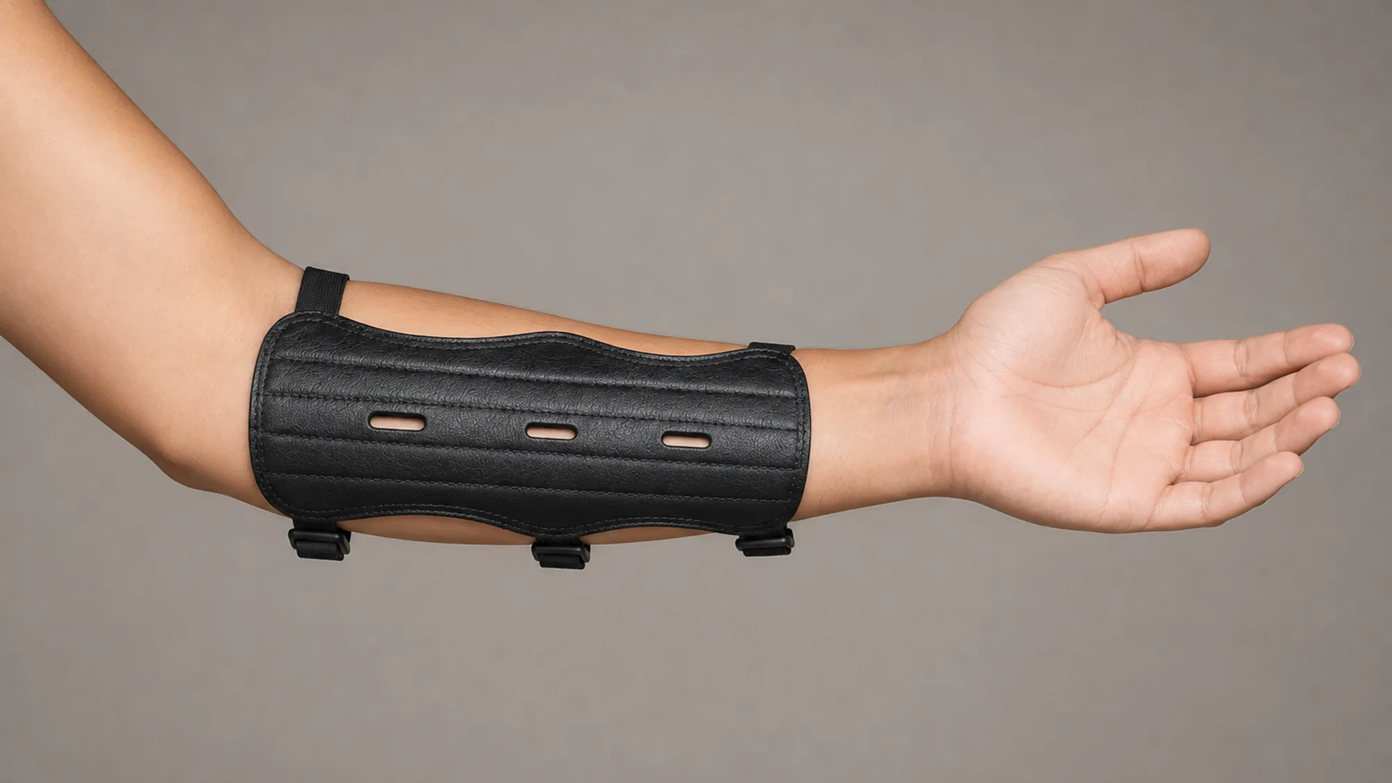 Left arm held out palm up with the arm guard covering the inner forearm, wide end toward the elbow and wrist left free