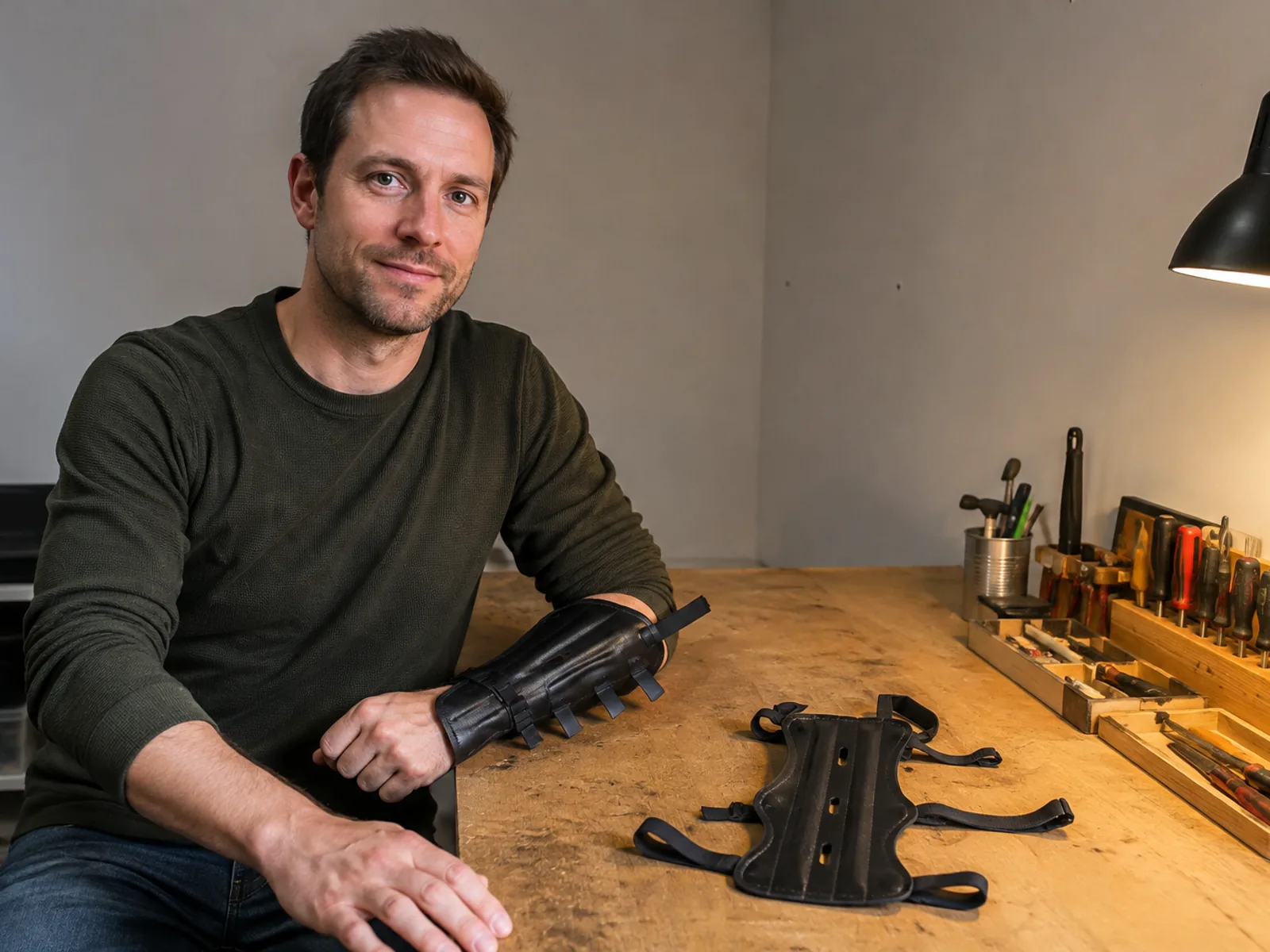 Maker at a workbench wearing a hand-built black forearm gauntlet with protruding strap tabs, the Fletchguard three-strap vented guard lying open beside it