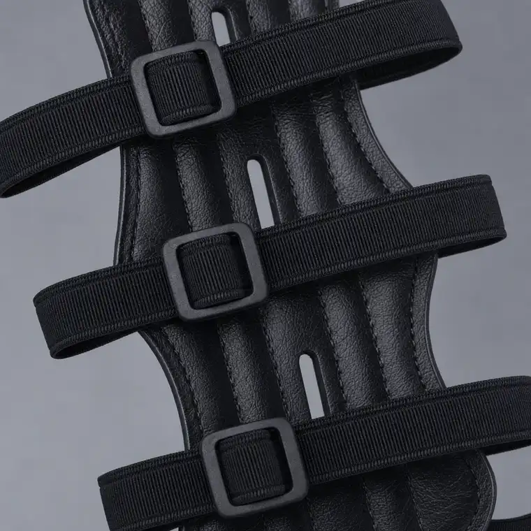 The three elastic straps and sliding buckles on the back of the guard