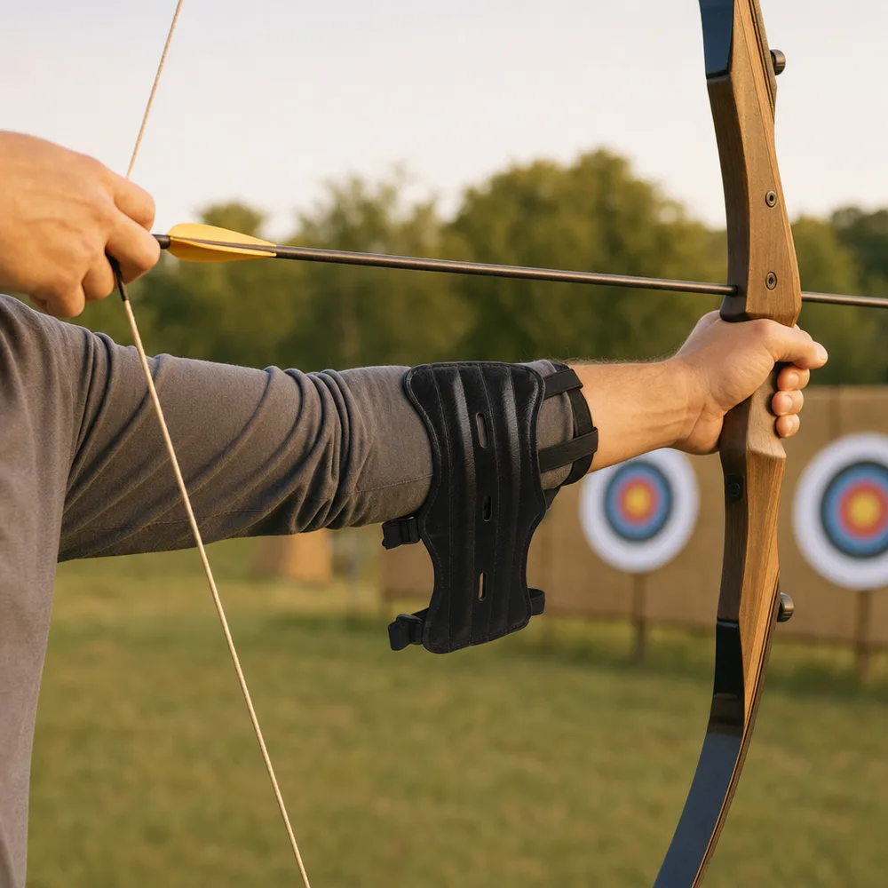 Fletchguard three-strap archery arm guard in black PU leather, shown from the front