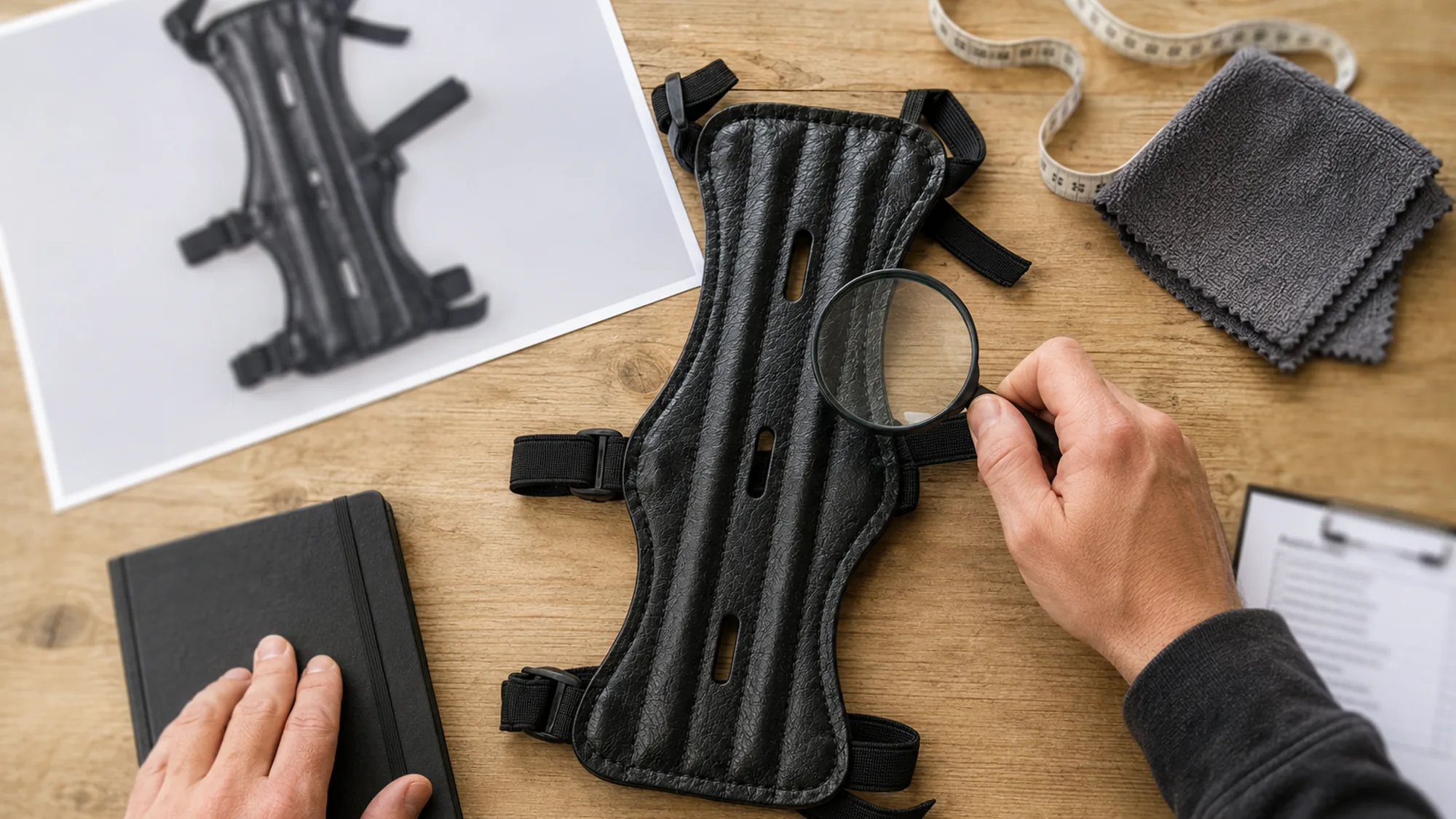 Overhead view of an inspection table, a hand checking the perimeter stitching of an arm guard with a magnifier