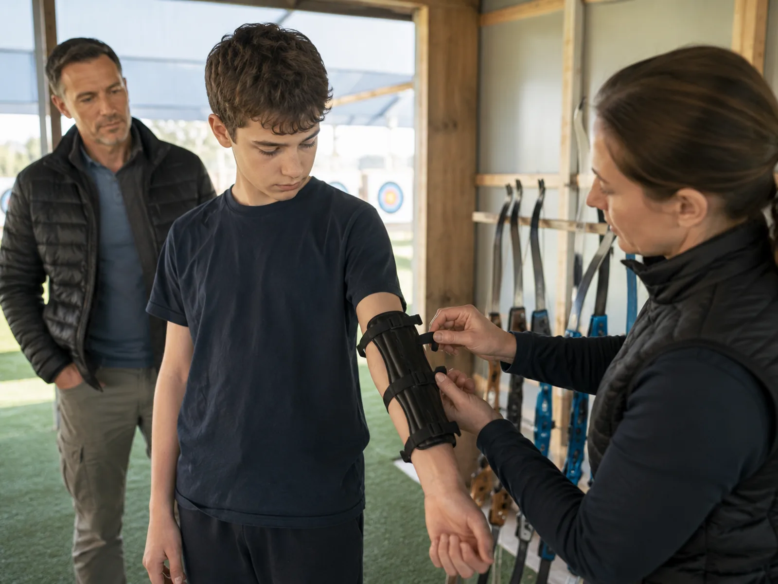 Coach adjusting the centre strap of an arm guard on a teenager's forearm with a parent watching