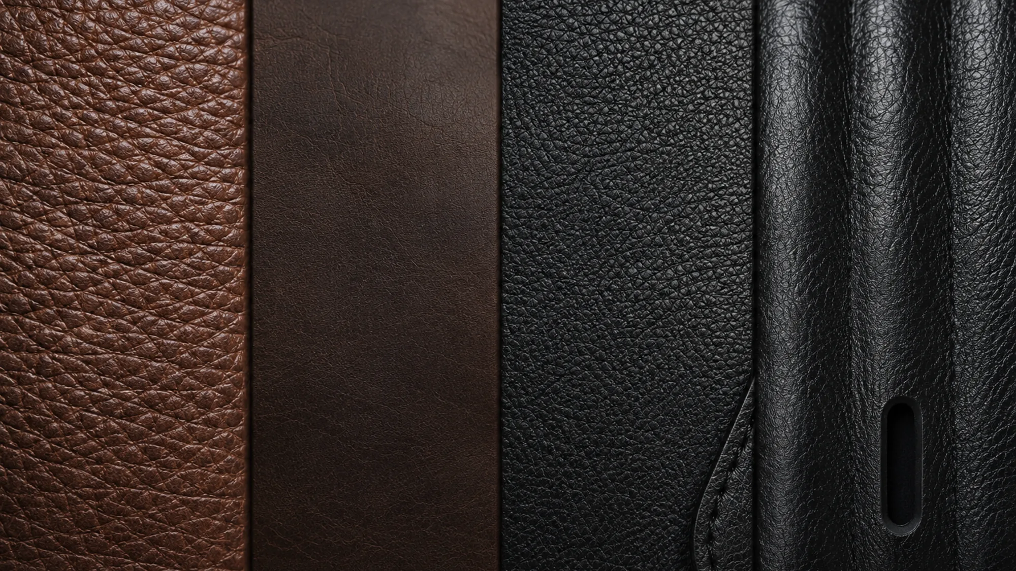 Four material swatches side by side, full grain leather, top grain, bonded leather and the regular grained PU of the guard