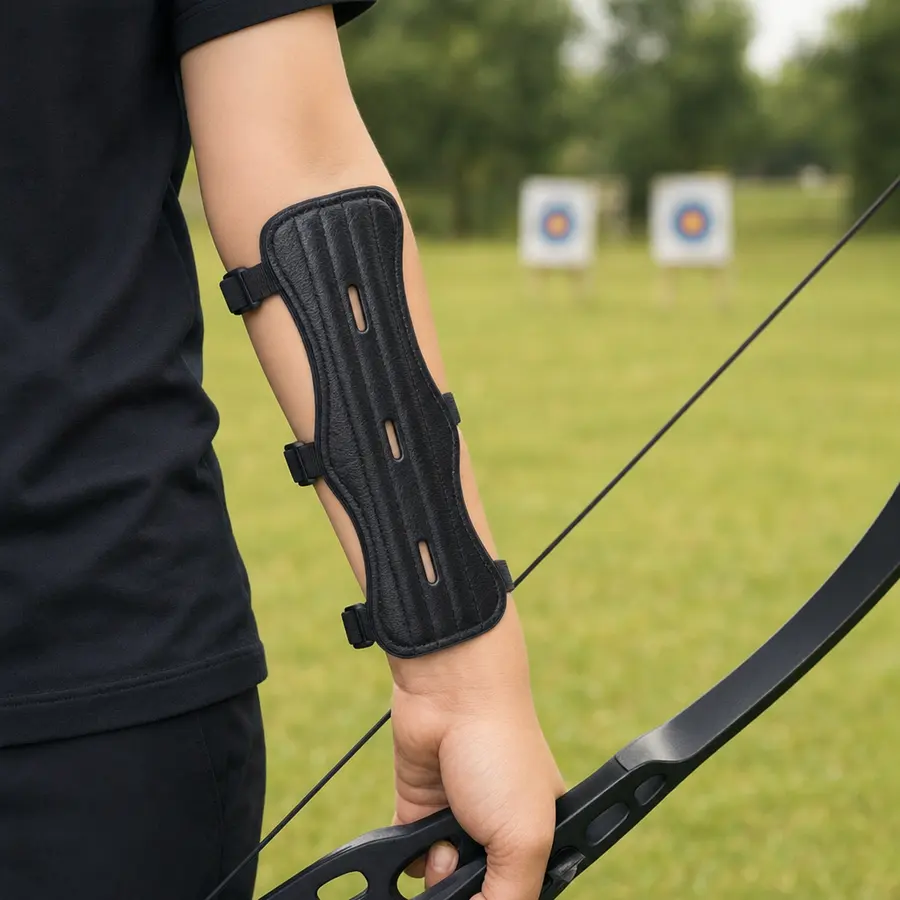 Archer at full draw at an outdoor range wearing the arm guard on the bow arm
