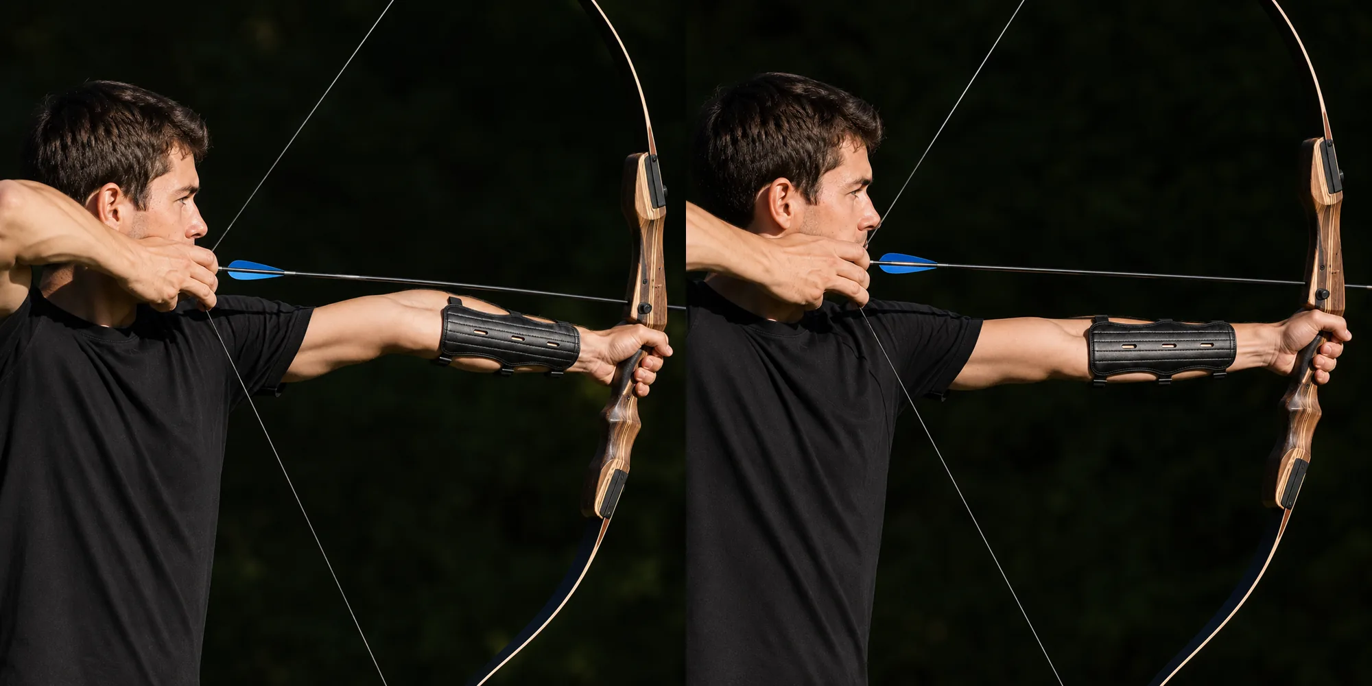 Same archer twice, first with the bow elbow locked and turned into the string path, then softened and rotated outward