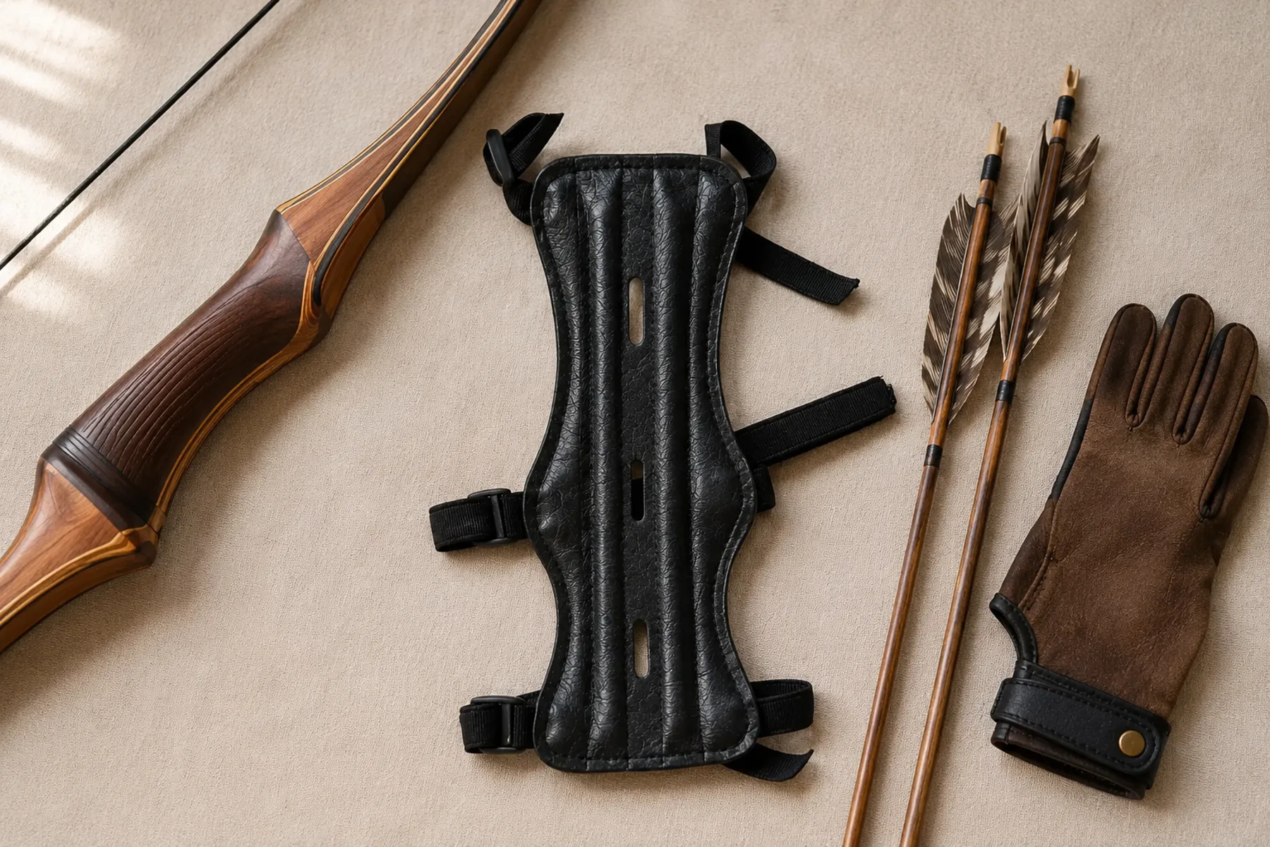 Flat lay on linen with the modern black arm guard, a wooden longbow grip, a brown leather shooting glove and three wooden arrows