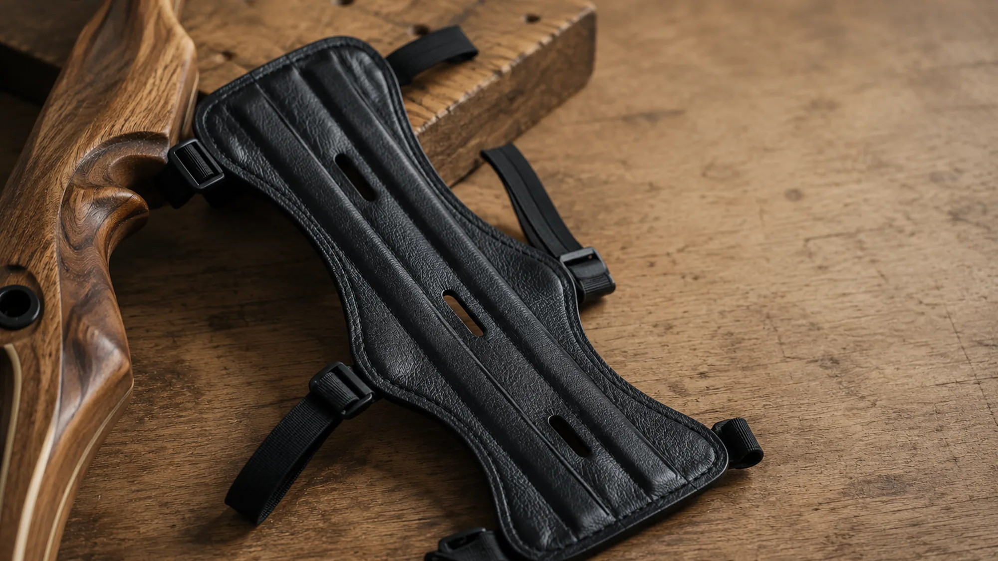 The black Fletchguard arm guard laid open on a workbench beside a wooden recurve riser, showing its waisted plate, three vent slots and sliding buckles
