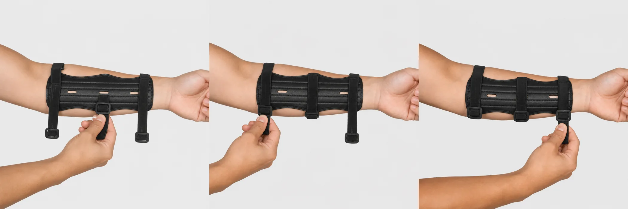 Three steps fastening the straps in order, the middle strap first, then the wrist strap, then the elbow strap