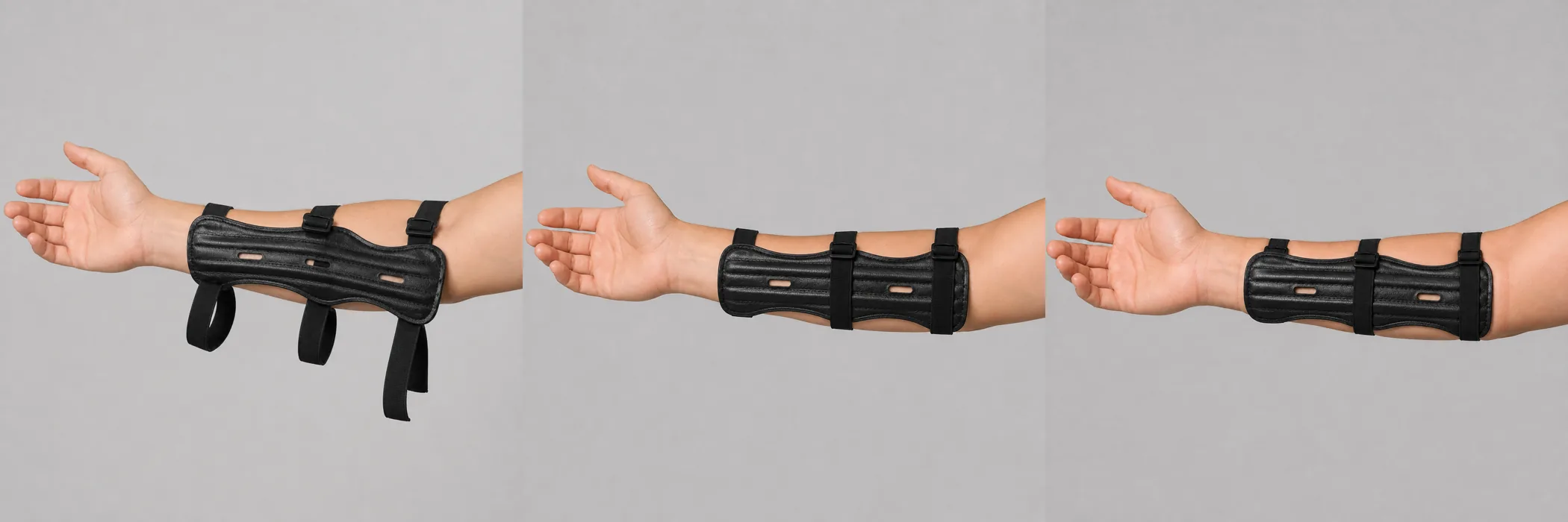 The same arm guard fitted too loose, correctly, and too tight on the same forearm