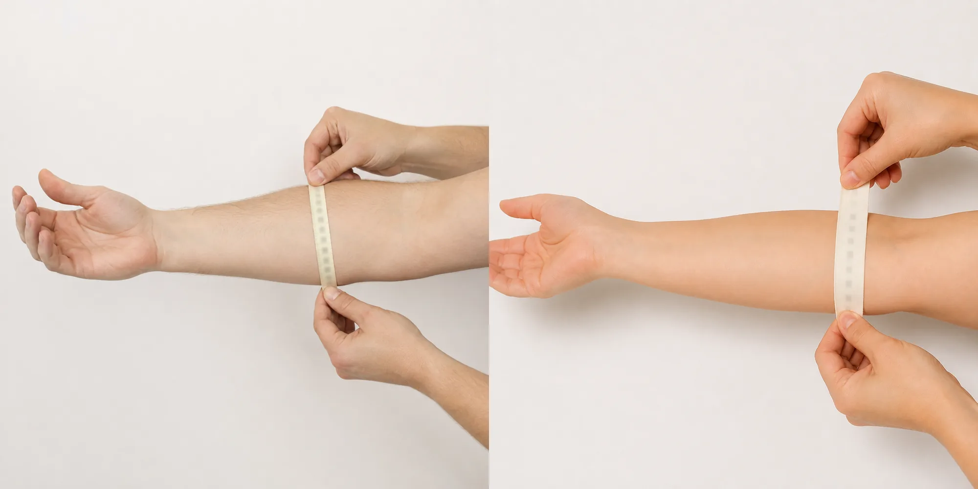 Soft tape around the mid forearm and then just below the elbow crease, showing the two measurements to take