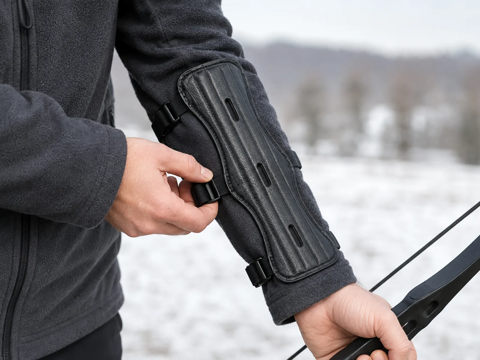 Archer adjusting the arm guard over a dark grey fleece sleeve, the three straps compressing the fabric flat