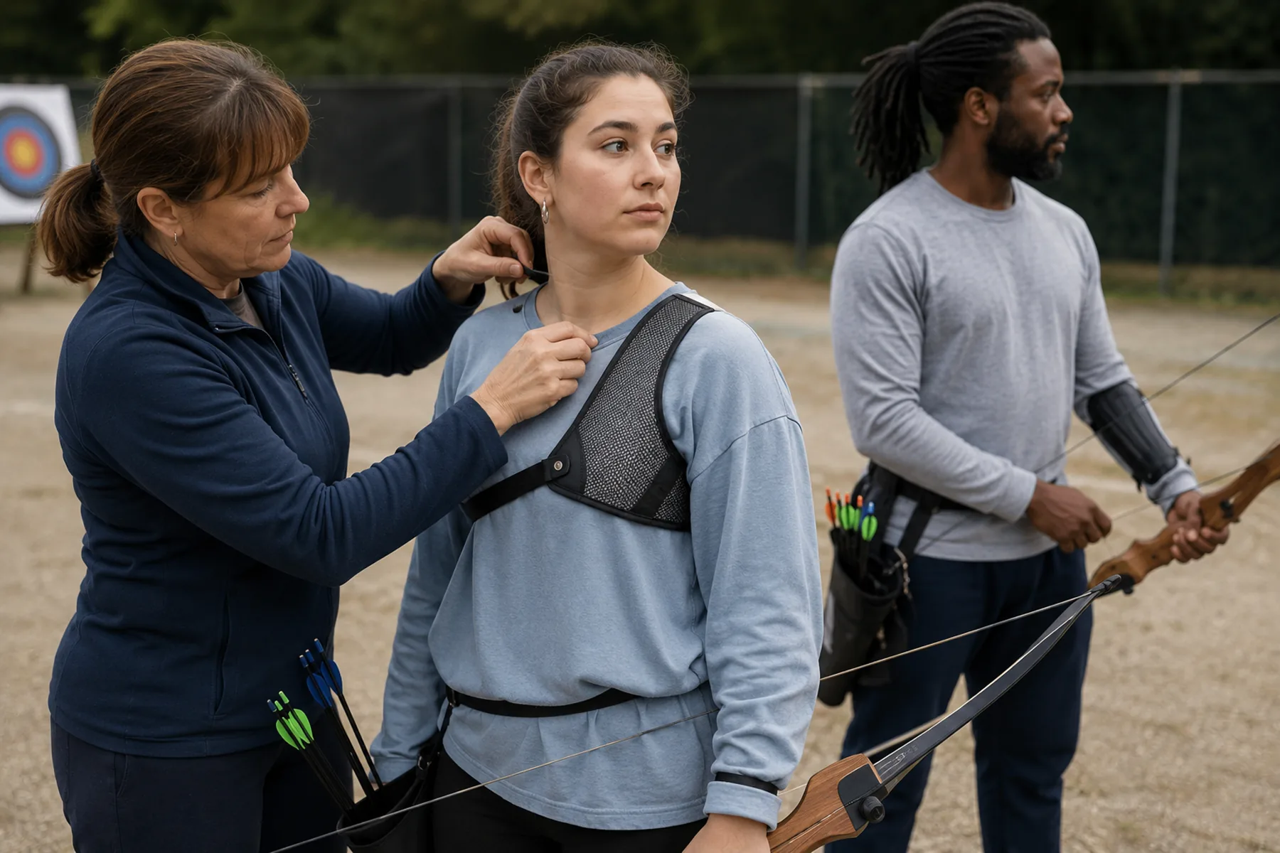 Coach fitting a chest guard to an archer in loose clothing while another archer behind wears only an arm guard